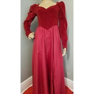 80s Vintage Deep Red Velvet Maxi Dress with Huge Bow - M